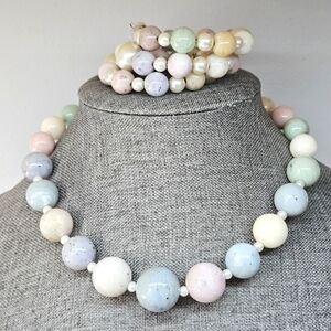VINTAGE Speckled Pastel Plastic Beaded Bead Necklace & Bracelet Set